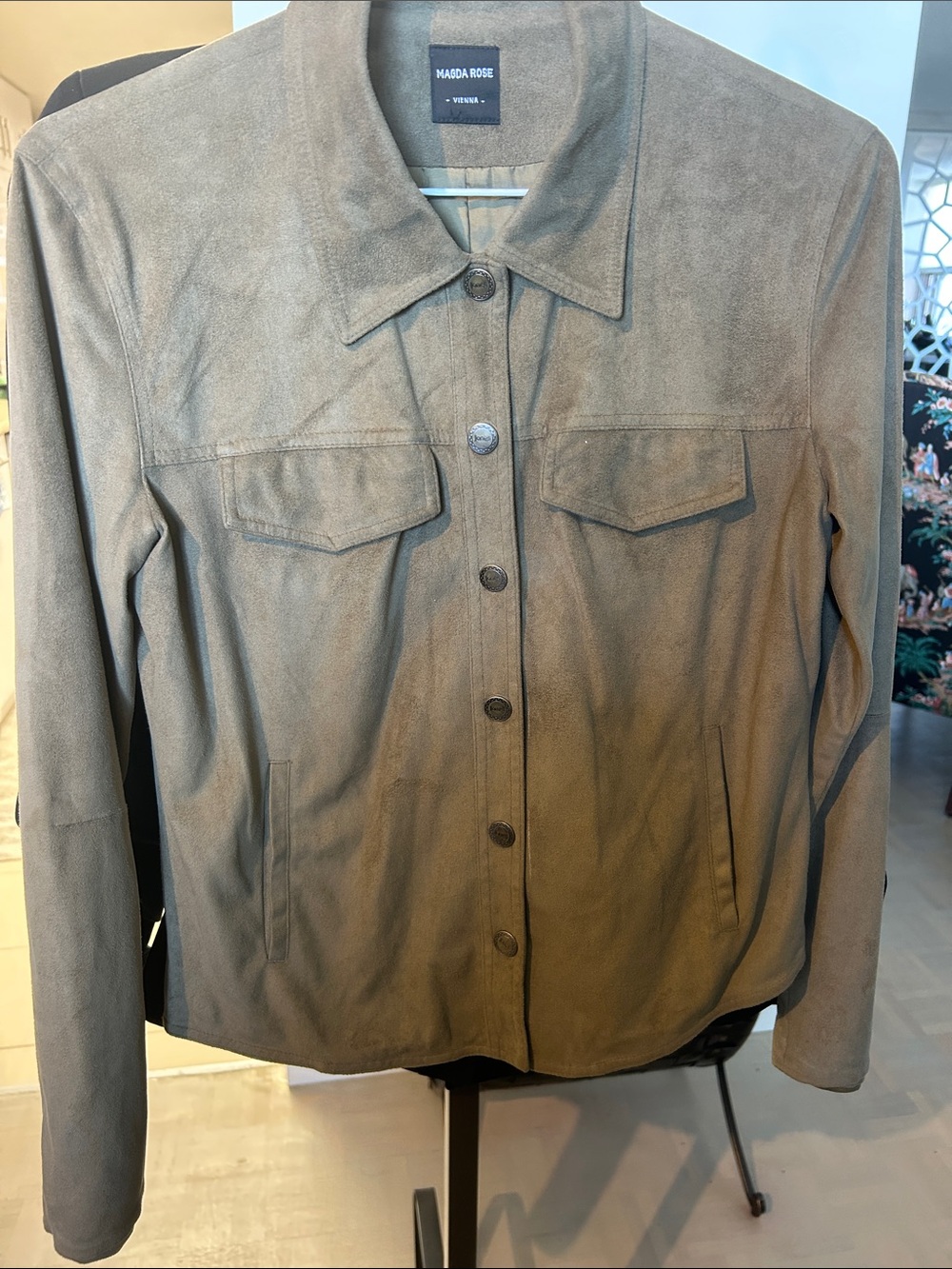 Magda Rose Taupe Suede silversnap Button-Front Jacket.Fully lined.high quality